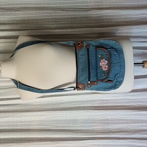 Vintage Blue Jean Denim Crossbody Bag Embroidered Roses Country Shoulder Purse